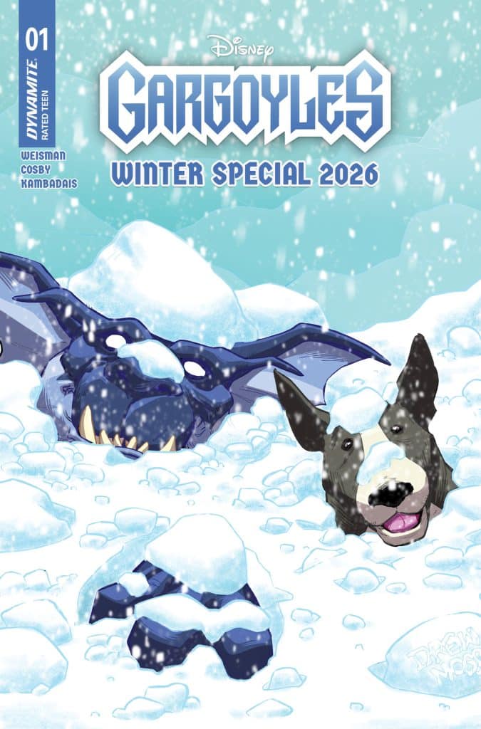 Cover of Disney's 'Gargoyles: Winter Special 2026' comic, featuring a snowy landscape with a gargoyle and a dog partially buried in snow.