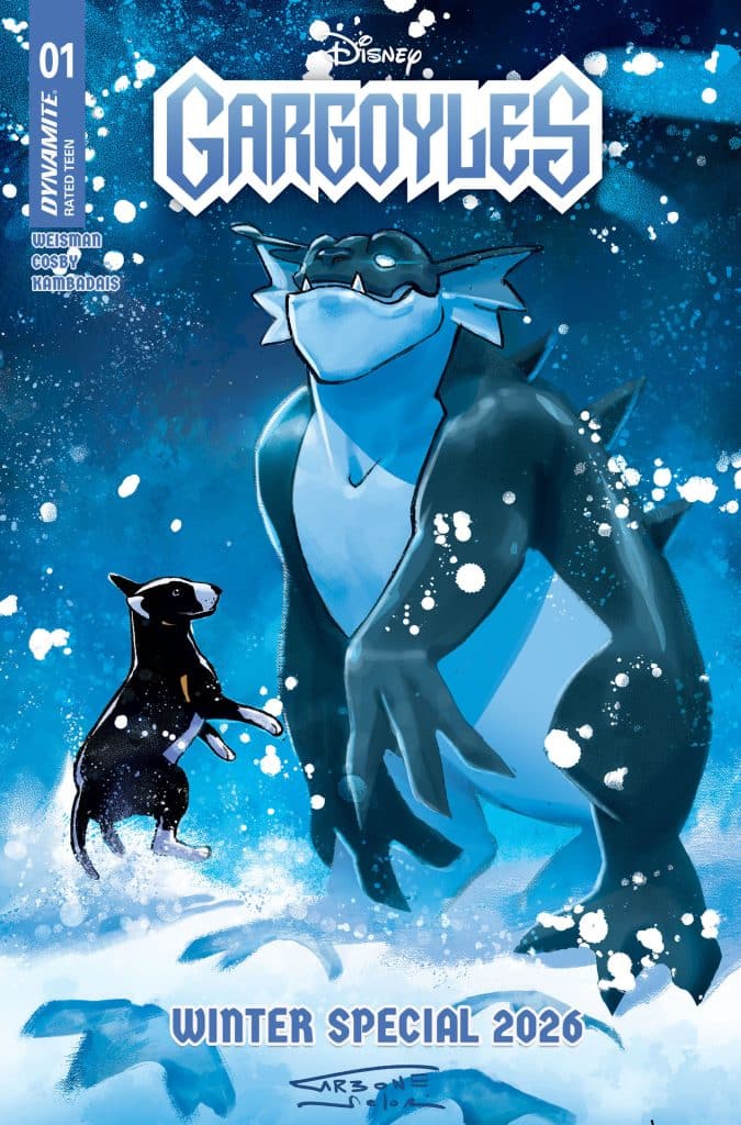 Cover of the Disney comic 'Gargoyles: Winter Special 2026', featuring a blue gargoyle character and a small black dog standing on snow with a snowy landscape in the background.