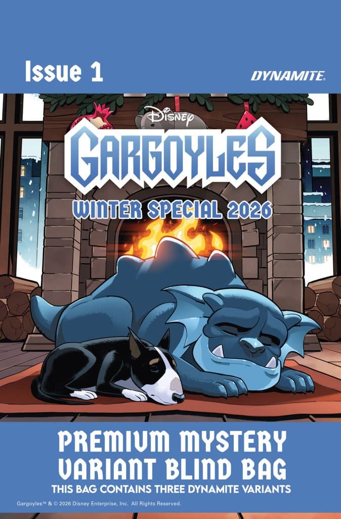 Cover art for Disney Gargoyles Winter Special 2026, featuring a blue gargoyle and a small dog in a cozy fireplace setting, with the title and variant details.