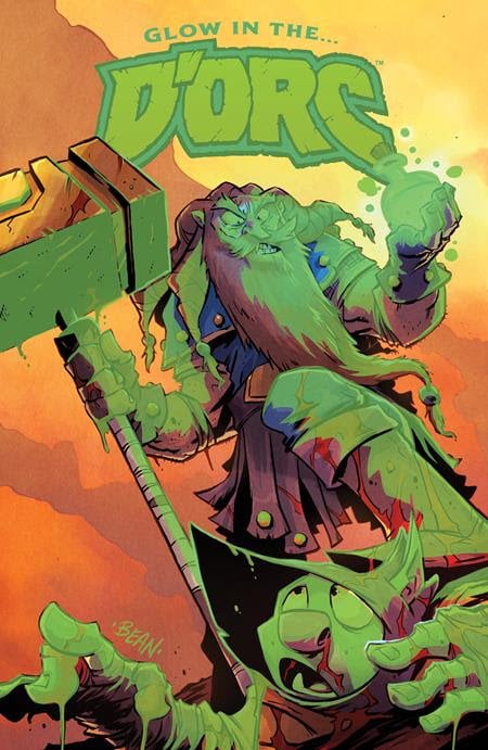 A fantasy comic cover featuring a glowing orc wielding a large hammer and casting a green glow, with a smaller, frightened character in the foreground. The title 'Glow in the... D'ORC' is prominently displayed at the top.