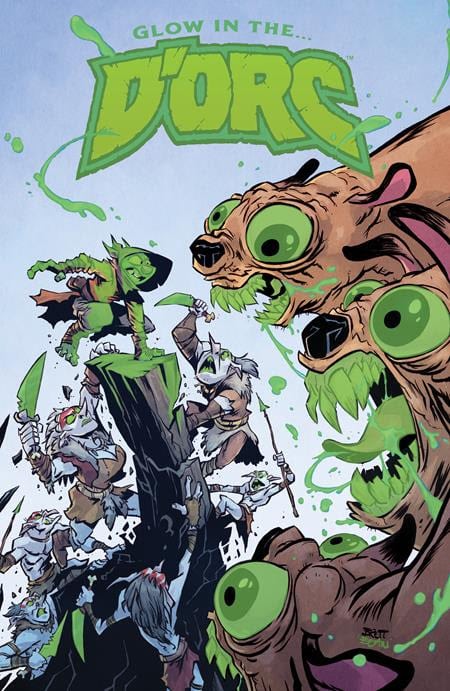A colorful comic book cover titled 'Glow in the D'orc', featuring green-skinned goblin-like creatures in a dynamic pose, standing around a mountain with exaggerated facial expressions, some wielding weapons and engaged in action.