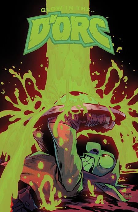 A vibrant comic book cover featuring a character in a mask, emerging from a glowing green substance, with the title 'Glow in the D'ORG' at the top.
