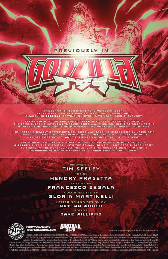 Cover page of a comic titled 'Previously in Godzilla', featuring a dramatic illustration of Godzilla with text summarizing the storyline, including characters and creative team details.