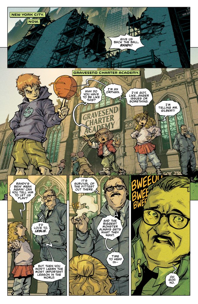 A comic panel depicting a scene at Gravesend Charter Academy in New York City. The illustration shows a group of children interacting, one boy holding a basketball and another girl expressing frustration. An adult figure is seen discussing survival and challenges, while a whimsical cat is appearing adjacent to a surprised character.