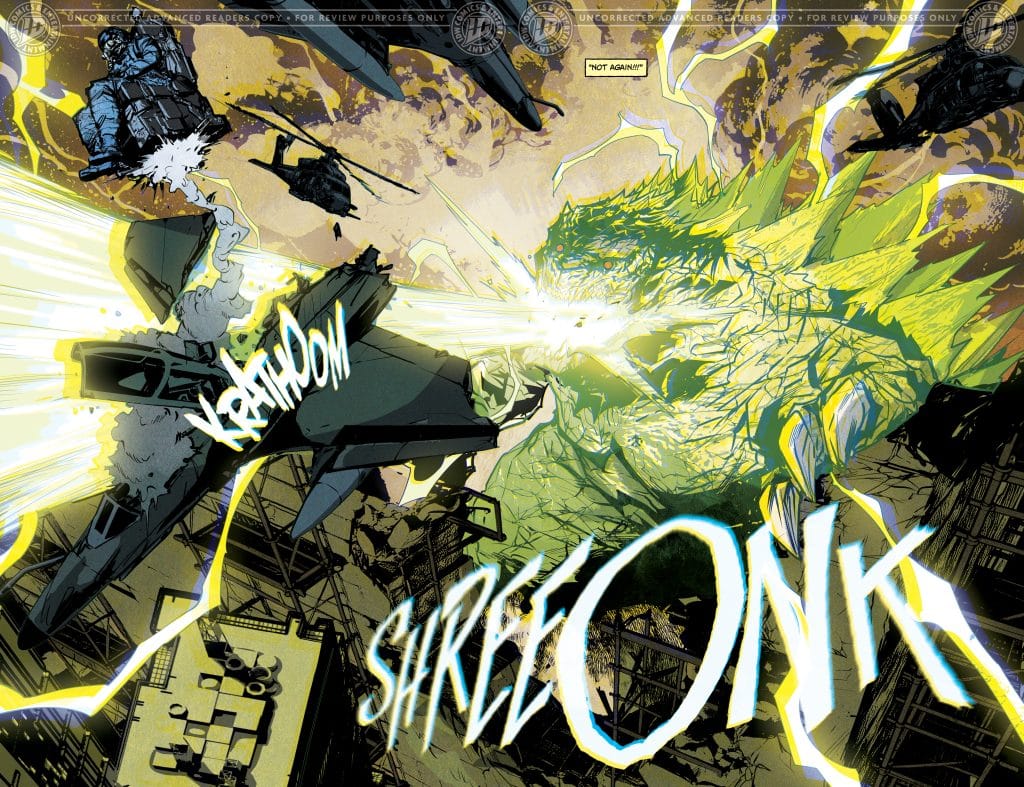 An action-packed comic panel depicting a giant creature, possibly a monster, emitting a powerful energy blast towards helicopters amidst a dramatic urban background, with explosive sound effects illustrated.