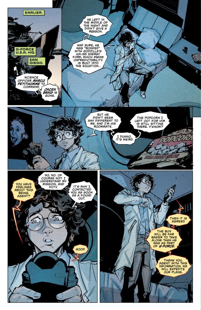 Comic book panel featuring a character named Marco in a lab coat, sitting in a messy room with a bed and scattered items, discussing a mission.