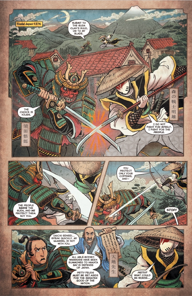 A comic panel depicting a fierce confrontation between two samurai warriors in feudal Japan, with one character wielding a katana and wearing traditional armor, while the other, dressed in a straw hat and robe, stands defiant. The background features a mountainous landscape with ancient Japanese architecture.