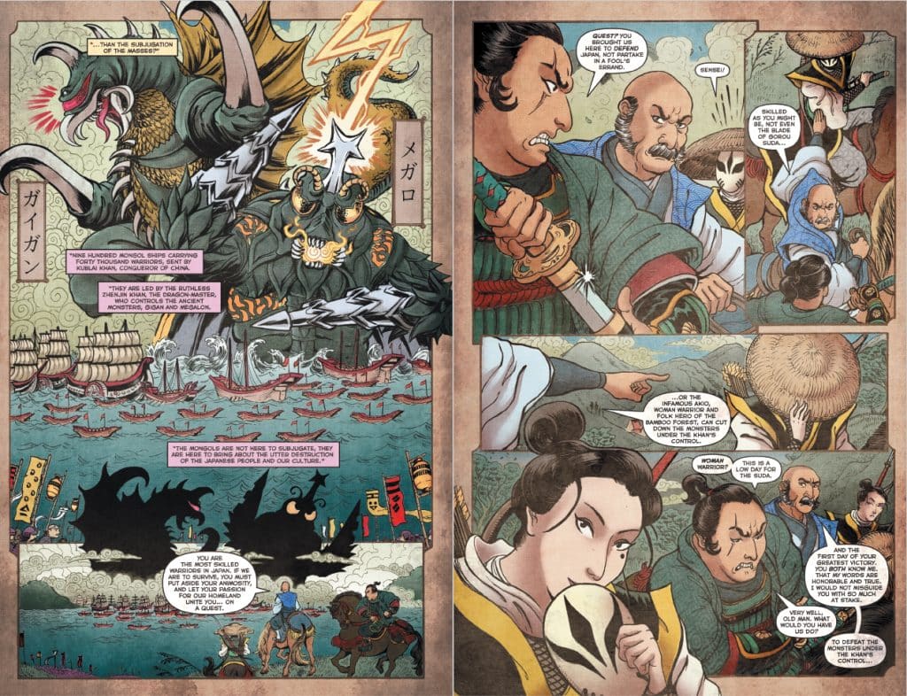 A dramatic two-page comic panel depicting a mythical battle scene featuring a monstrous serpent and warriors. The left side shows a large, dragon-like creature leading Mongol ships amidst turbulent waters, while the right side illustrates intense dialogue between characters discussing strategies and past conflicts.