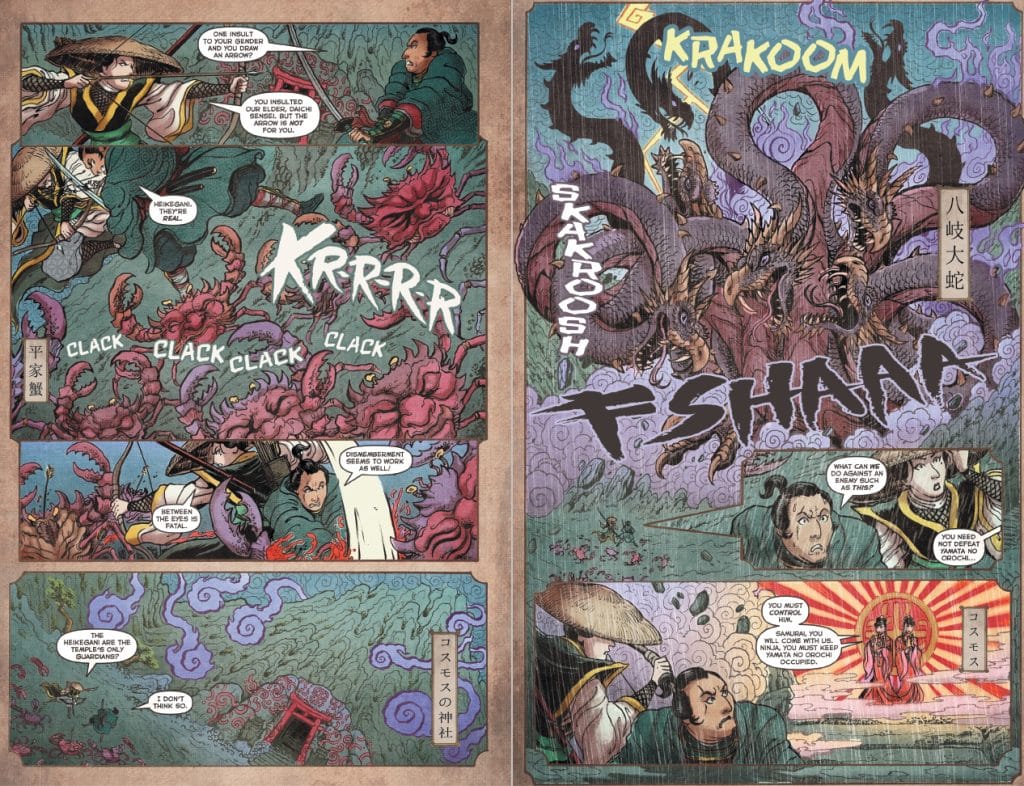 A comic book page featuring two warriors engaged in a battle amidst swirling mystical forces and monstrous creatures. The left side showcases intense dialogue and action, while the right side reveals a larger creature and more character interactions. The artwork includes vibrant colors and dynamic lettering for sound effects.