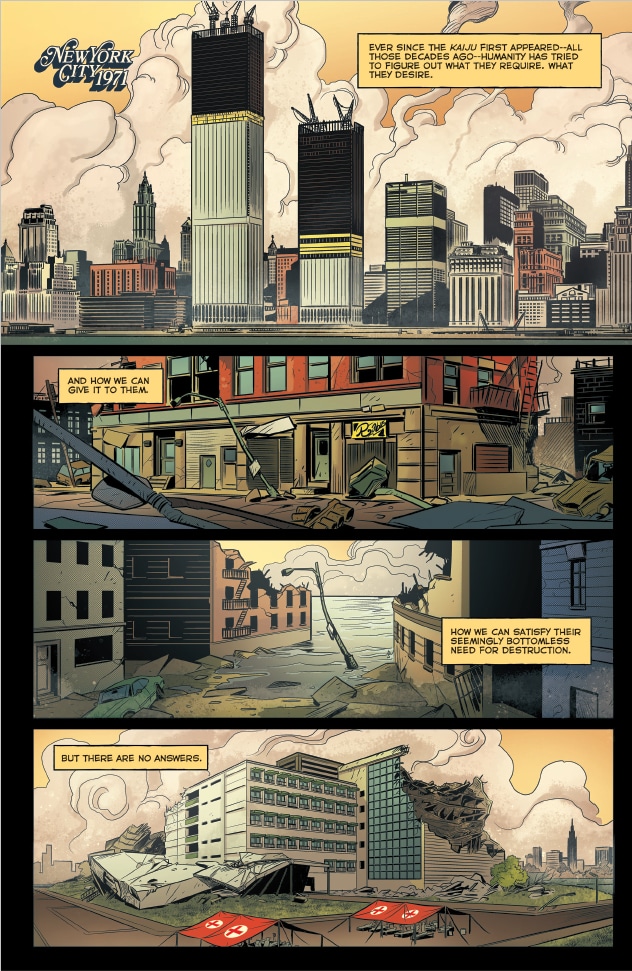 Comic panel depicting a devastated New York City skyline in 1971, with damaged buildings and debris, reflecting a post-apocalyptic atmosphere influenced by kaiju appearances.