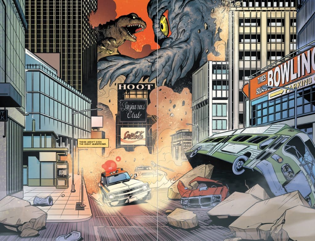 A chaotic city street scene featuring giant monsters, including a dinosaur and a massive creature, causing destruction; overturned cars and debris scattered around amidst tall buildings.