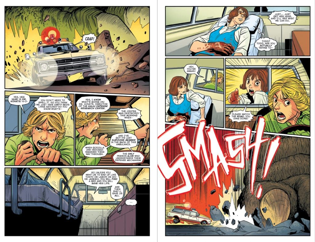 A comic book page featuring two panels on the left showing a car driving aggressively away from explosions and debris, and two panels on the right depicting tense dialogue in an ambulance, with a character injured and another expressing urgency. The word 'SMASH!' is prominently displayed in a large, bold font.