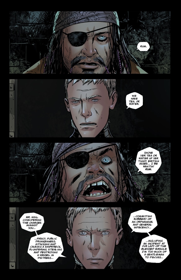 A comic panel featuring two characters in conversation. The first character, a rugged man with an eye patch and long hair, expresses a preference for rum. The second character, a cleaner-shaven man, suggests they have tea or water. The first character aggressively responds, showing frustration. The third panel reveals a list of charges against the first character, including piracy and public drunkenness.