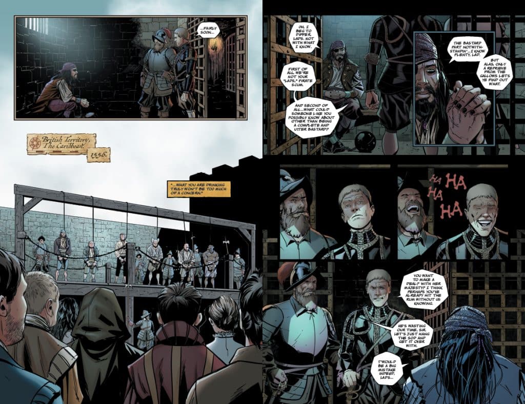 A comic book panel depicting a historical setting from British Territories in 1556, featuring a conversation between characters in a prison and a nearby gallows with people being executed.
