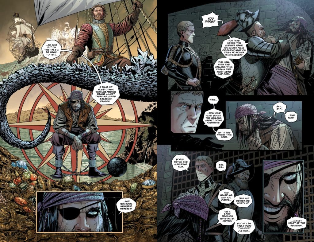A comic book page depicting two scenes. The left features a pirate sitting on a pile of treasure with a ship in the background and a serpent-like creature. The dialogue hints at a tale of treasure and a dragon. The right side shows a tense conversation in a prison, with characters discussing rum and a captain's predicament.