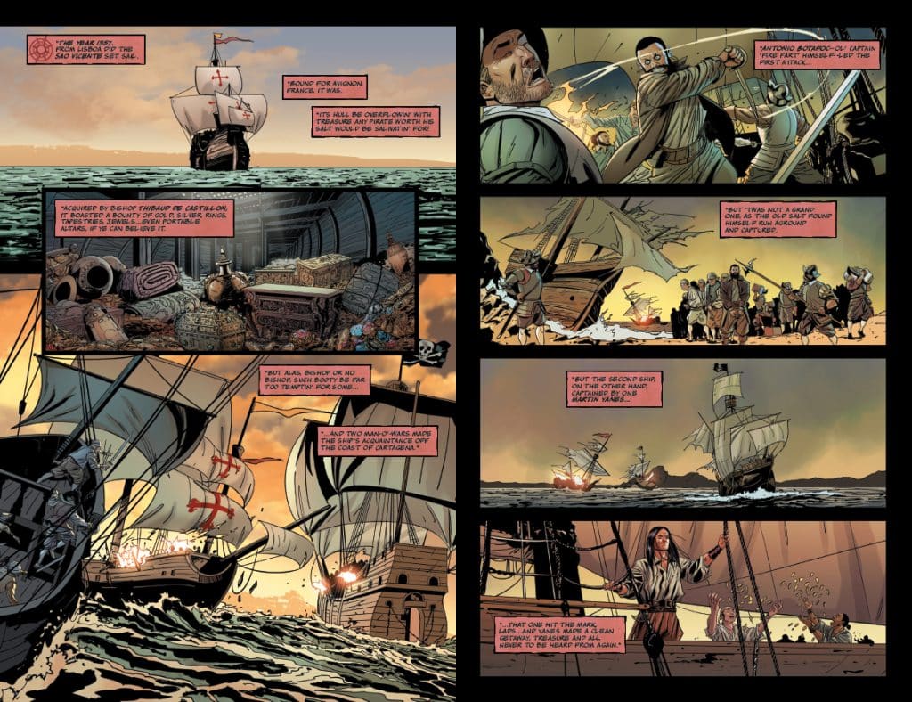 A comic book page depicting several ships at sea with dramatic interactions. The left panel features a ship from the rear with a cross symbol, while the center showcases a hold filled with treasure including fabrics and barrels. The right side shows scenes of confrontations between sailors, with one character wielding a weapon and another appearing distressed on deck. Several ships are visible in the background, indicating nautical conflict and adventure.