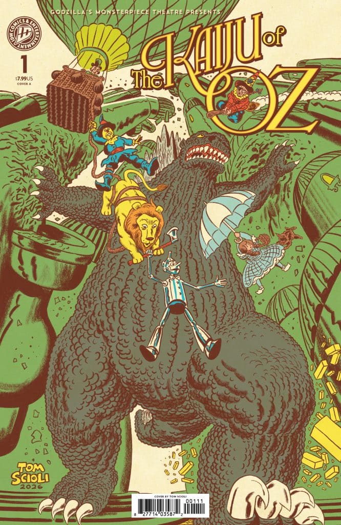 Comic book cover for 'The Kaiju of Oz' featuring a large monster resembling Godzilla, with characters inspired by The Wizard of Oz, including the Scarecrow, Tin Man, and Cowardly Lion, surrounded by whimsical elements like hot air balloons and scattered gold coins.
