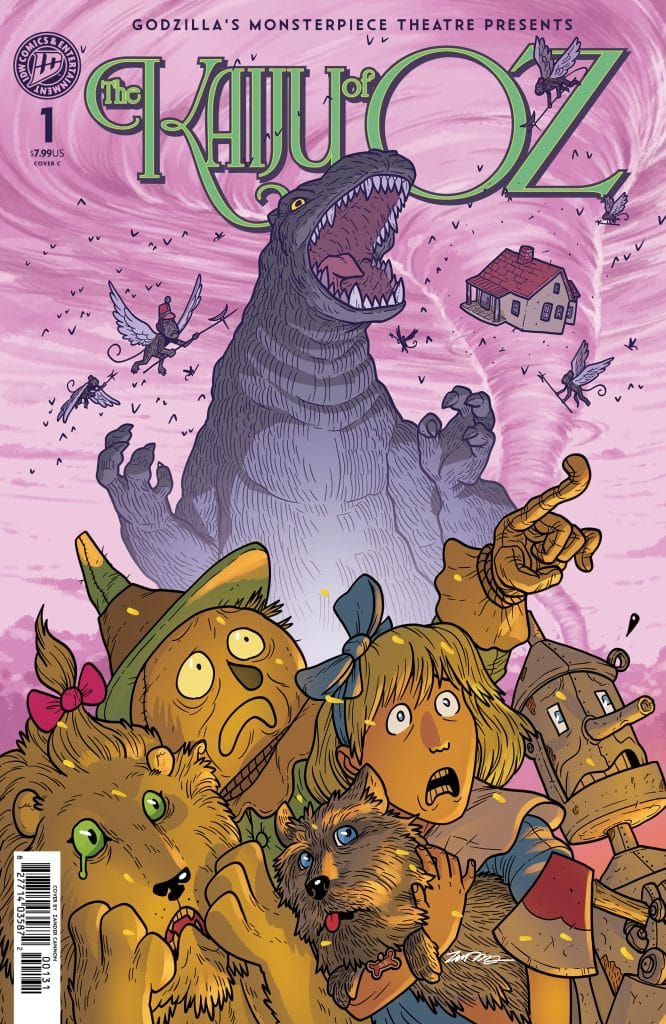 A comic book cover titled 'The Kaiju of Oz' featuring a giant monster looming over iconic characters like Dorothy, the Tin Man, and a lion. They appear frightened, with a small house and flying creatures in the background, set against a pink sky.