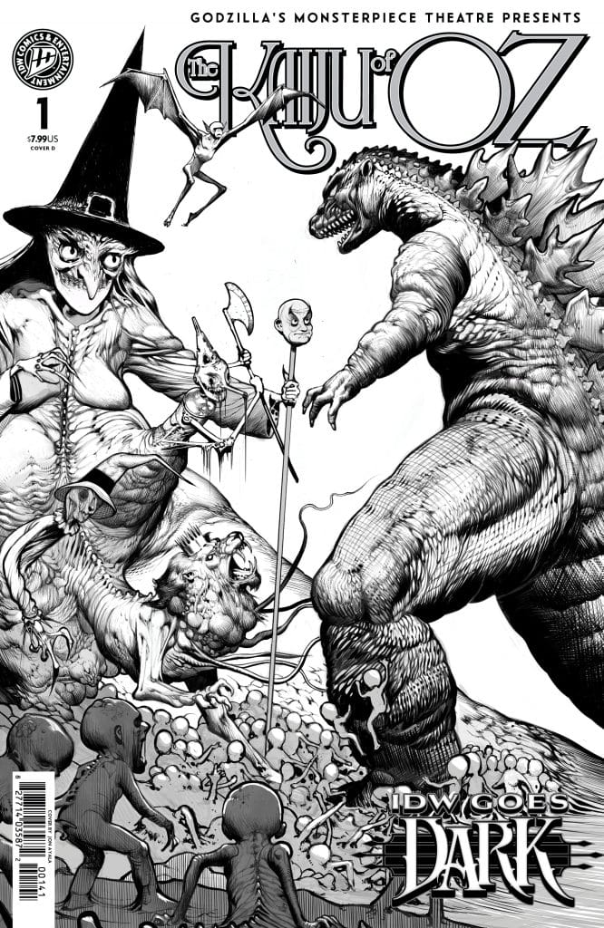 Black and white comic book cover featuring a monstrous figure resembling Godzilla, surrounded by various fantastical creatures, including skeletal characters and a witch with a pointed hat.