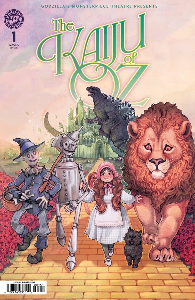 A colorful comic book cover titled 'The Kaiju of Oz' featuring Dorothy, the Scarecrow, the Tin Man, the Cowardly Lion, and a small dog walking down a brick road lined with flowers, against a fantastical backdrop.