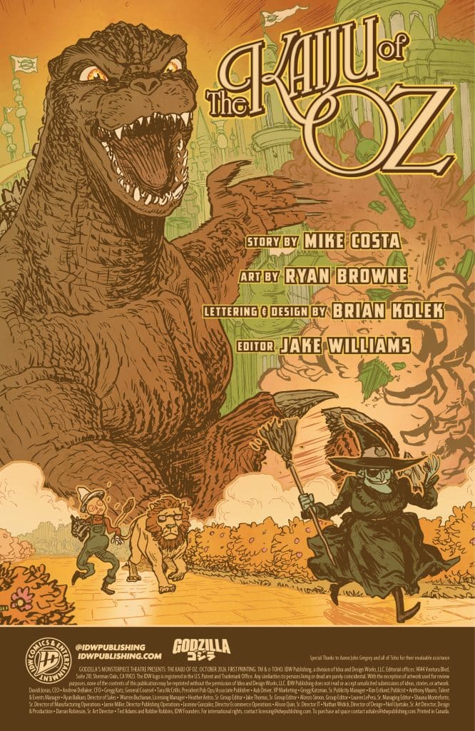 An illustrated cover for 'The Kaiju of Oz' featuring Godzilla, a lion, and a witch, with whimsical elements and bright colors, showcasing a blend of monster and fantasy aesthetics.