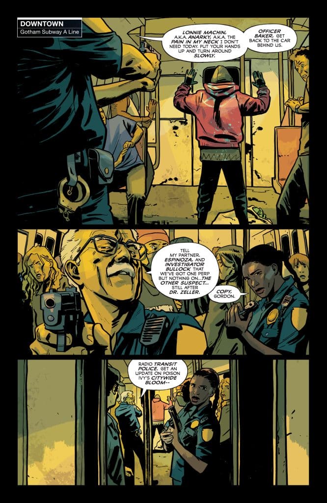 A tense scene in a Gotham subway, featuring officers confronting a suspect named Lonnie Machin, also known as Anarky, while others look on. One officer holds a gun, and another is radioing for updates on a different suspect.
