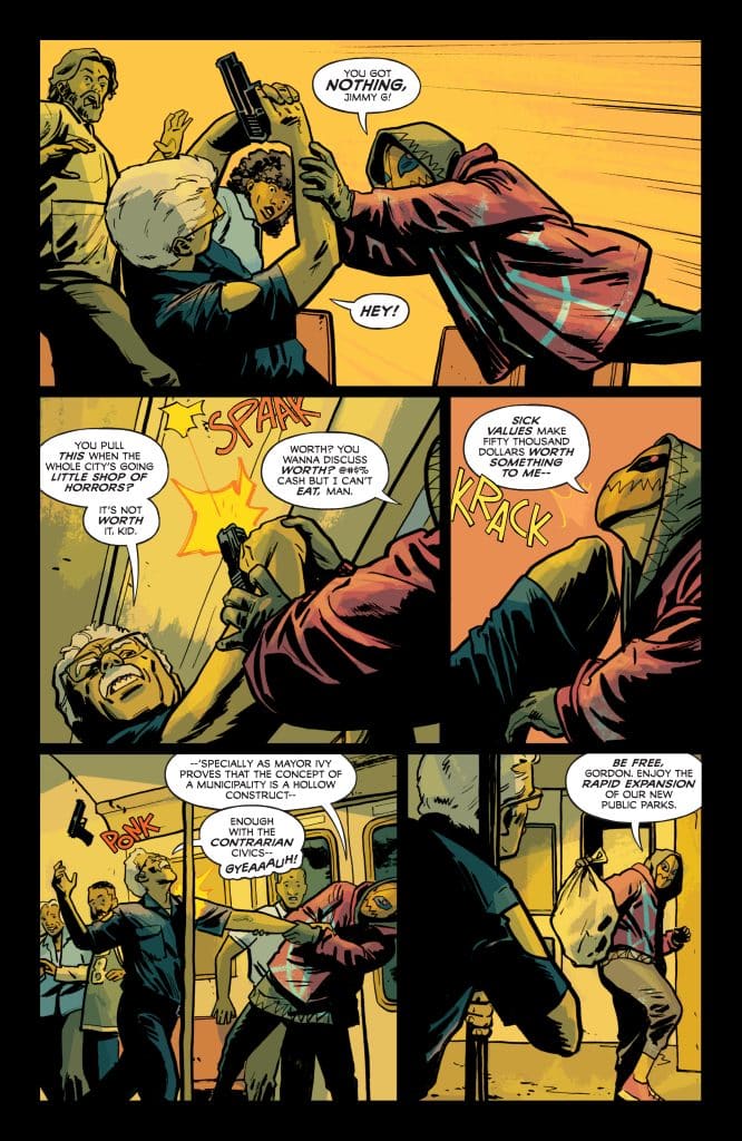 A tense scene in a subway setting, featuring a confrontation between several characters. One person is holding a gun, while another appears to be grappling with them. Speech bubbles indicate dialogue about worth and cash, with one character expressing frustration. The background shows motion lines suggesting action, and a diverse group of people observing the situation.