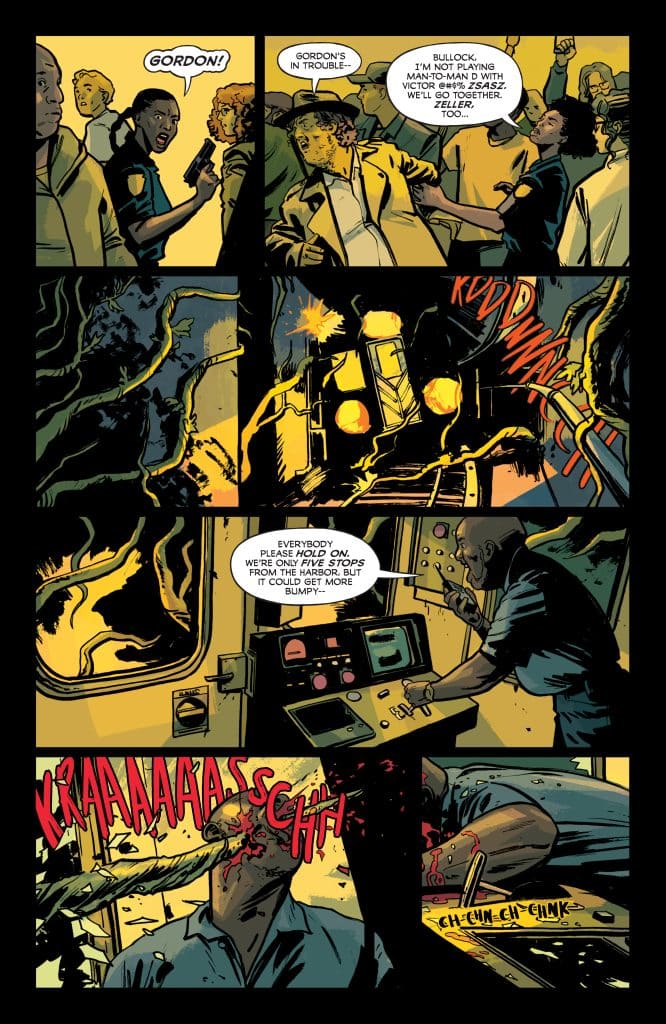 A comic book page depicting a tense scene with characters expressing concern for someone named Gordon, animations illustrating a chaotic environment with explosions and alarms, and a character at a control panel warning others to hold on.