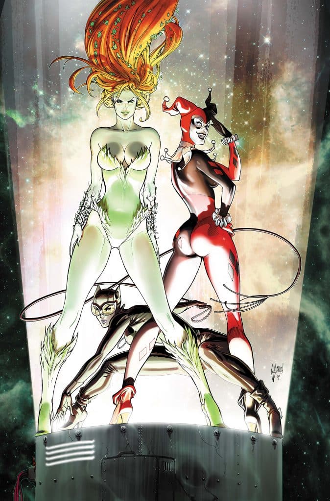 Three female comic book characters pose dramatically against a cosmic background. The character on the left has bright orange hair and green accents, the center character is depicted with a translucent appearance, and the character on the right wears a red and black costume, holding a weapon.