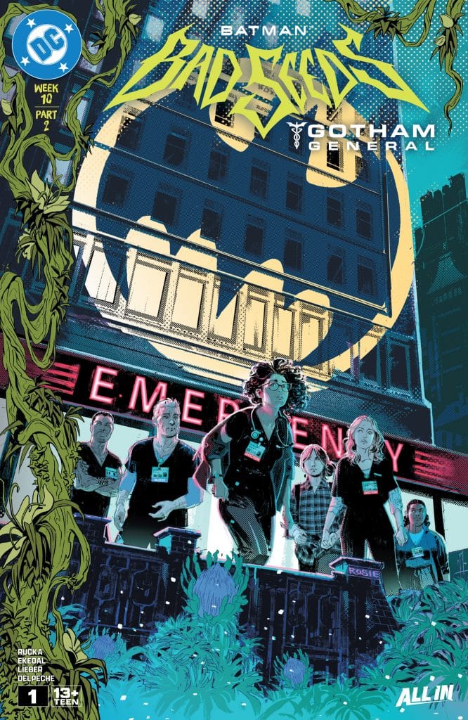 Cover of 'Batman: Bad Seeds' featuring a group of four individuals in emergency medical attire outside a hospital, with a large Batman logo illuminating the building.
