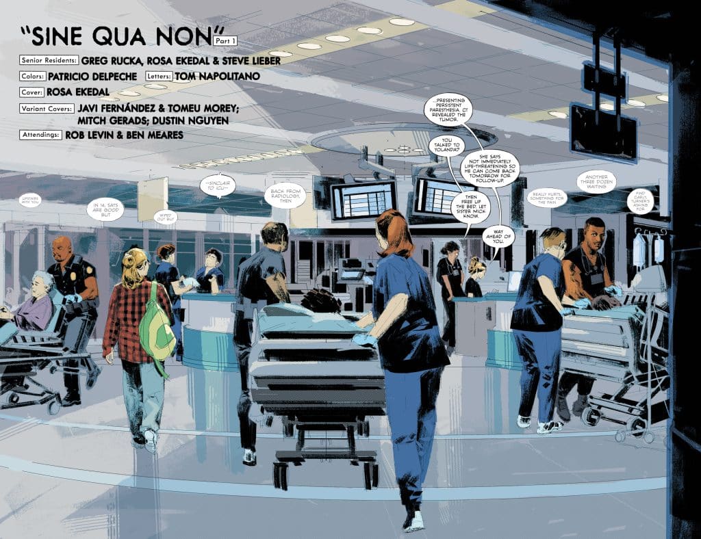 A busy hospital scene featuring medical staff interacting with patients and each other, with monitors displaying information in the background.