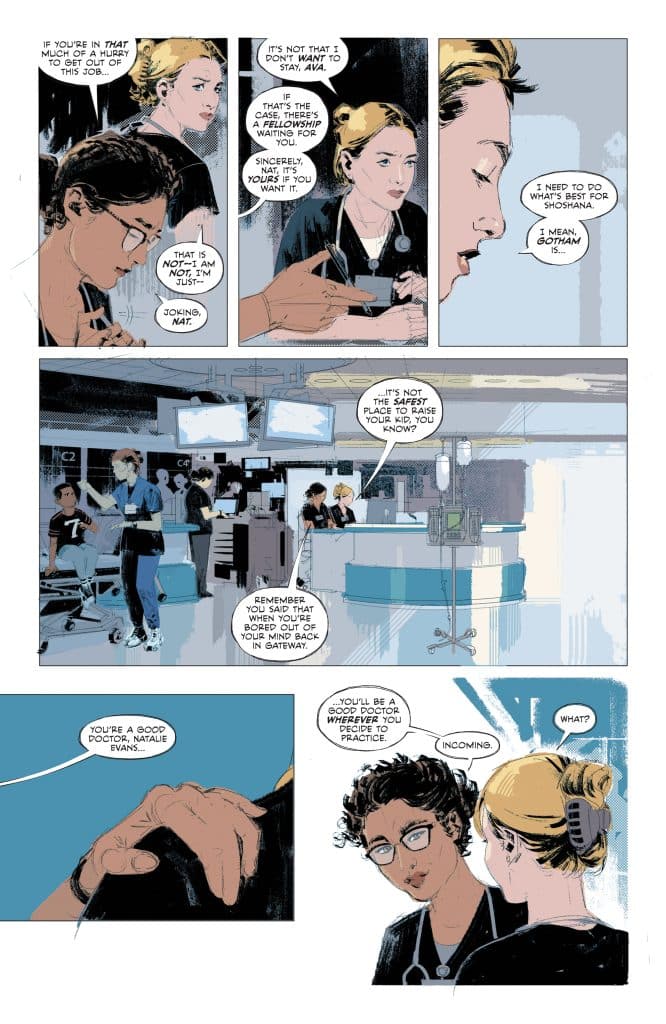 A comic panel depicting two female characters in a hospital setting discussing career choices and personal concerns. One character appears to be giving advice about a fellowship opportunity, while the other expresses hesitation about staying in their current position.