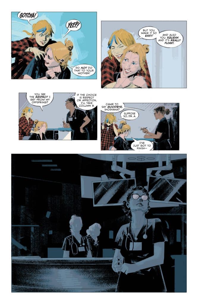 A comic book panel featuring two characters in a playful scenario, where one character is surprising another with a playful 'Gotcha!' The second panel shows a conversation about respect and affection, suggesting a humorous dynamic between the characters.