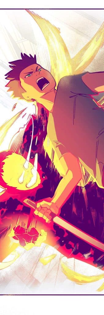 A young warrior character wielding a sword with a fierce expression, surrounded by vibrant orange and yellow energy bursts, in a dynamic action pose.