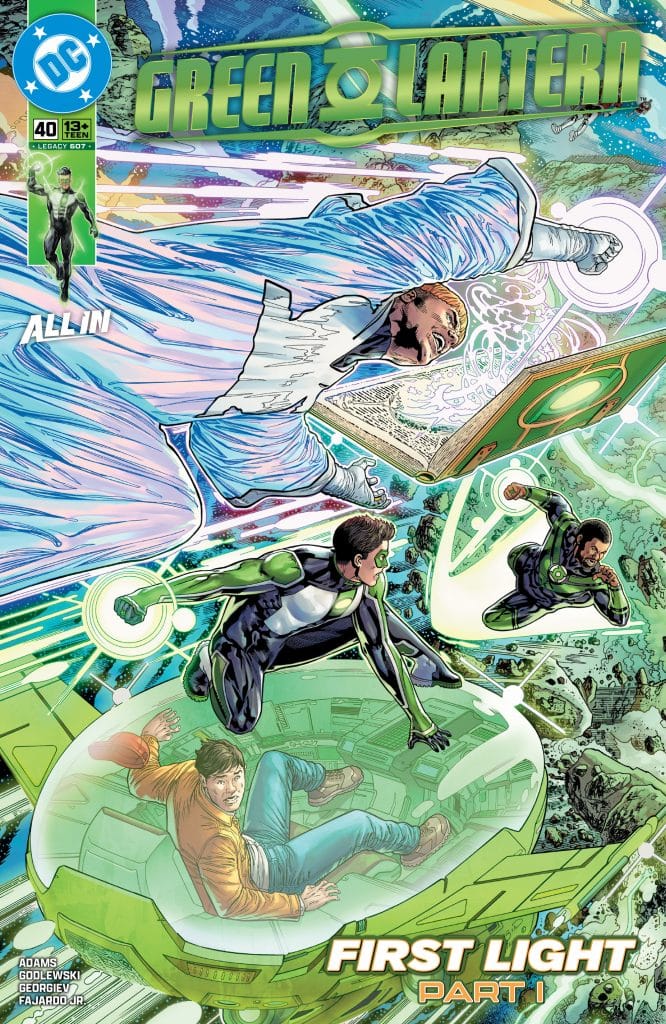 Comic book cover featuring the title 'Green Lantern' and the subtitle 'First Light Part I'. Various characters, including heroes in green uniforms and a flying spaceship, are depicted in an action scene with vibrant colors and energy effects.