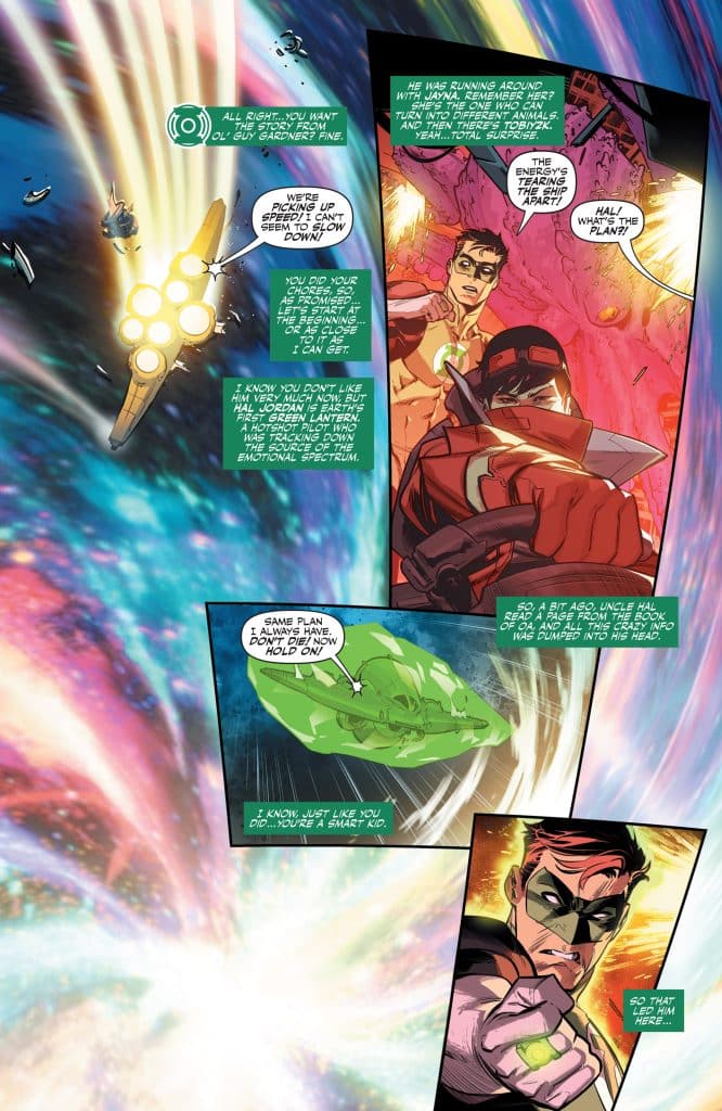 Comic book page featuring two characters discussing a plan amidst a vibrant cosmic background, with dialogue bubbles conveying their conversation and emotions.
