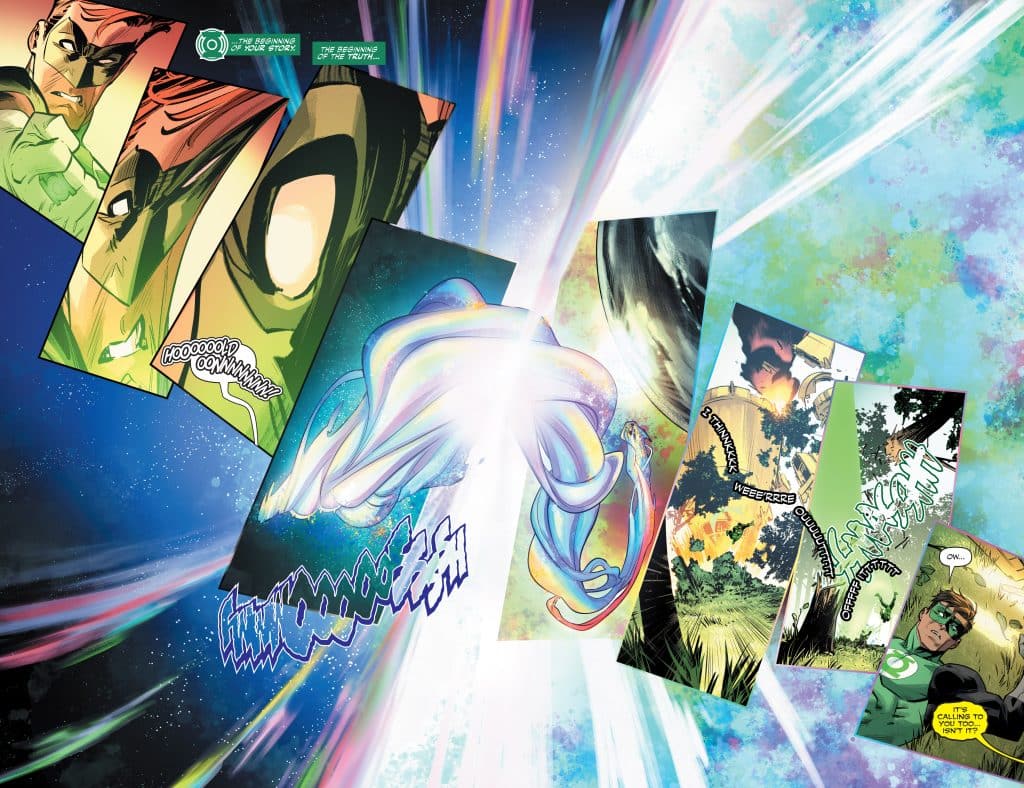 A dynamic comic book page featuring two characters, one in a green suit, engaging in a conversation amidst vibrant cosmic backgrounds and colorful panels. Speech bubbles highlight their dialogue and reactions, creating a sense of motion and excitement.