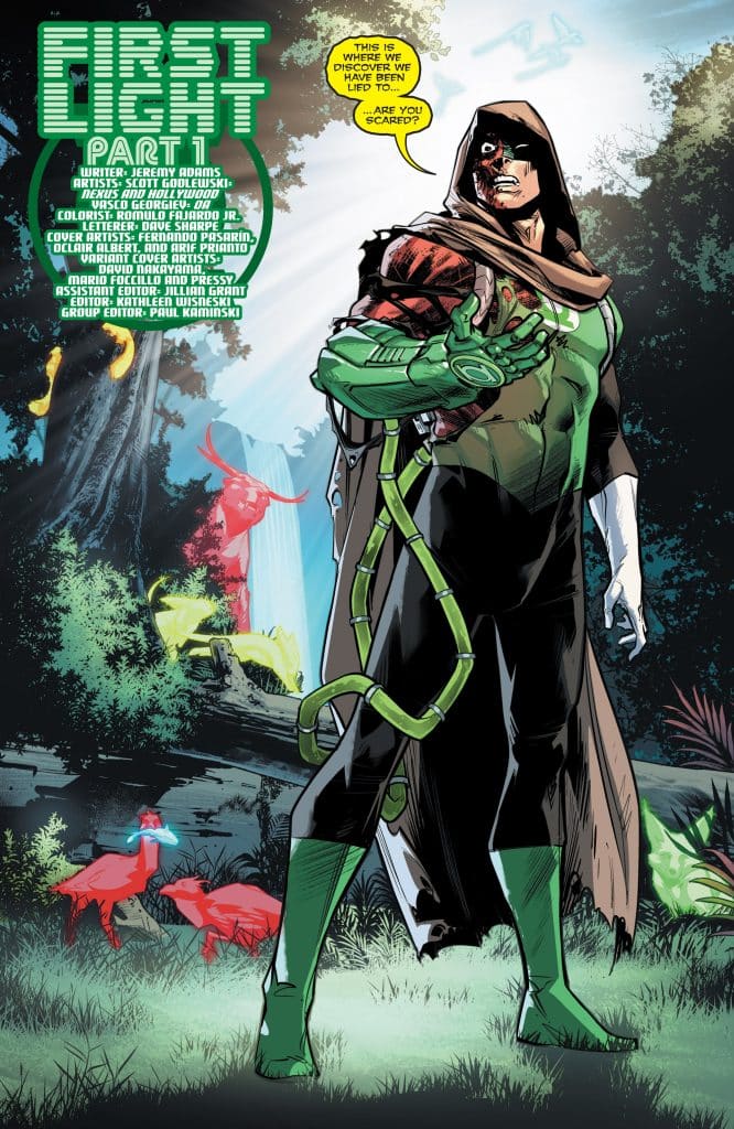 A comic book cover featuring a hero in a green and black suit with a hood, surrounded by a vibrant, mystical landscape. The character is holding a green, alien-like being while looking determined. Brightly colored flora and fauna are in the background, with a waterfall and glowing elements.