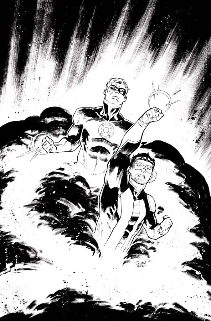 Two superheroes, both wearing Green Lantern uniforms, emerge from waves of energy with glowing rings, showcasing a dynamic and powerful scene.