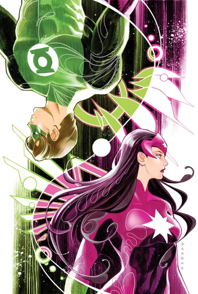 A vibrant comic book illustration featuring a Green Lantern character in green attire on the left, and a female character in a pink costume on the right, both surrounded by dynamic graphic elements and colors.