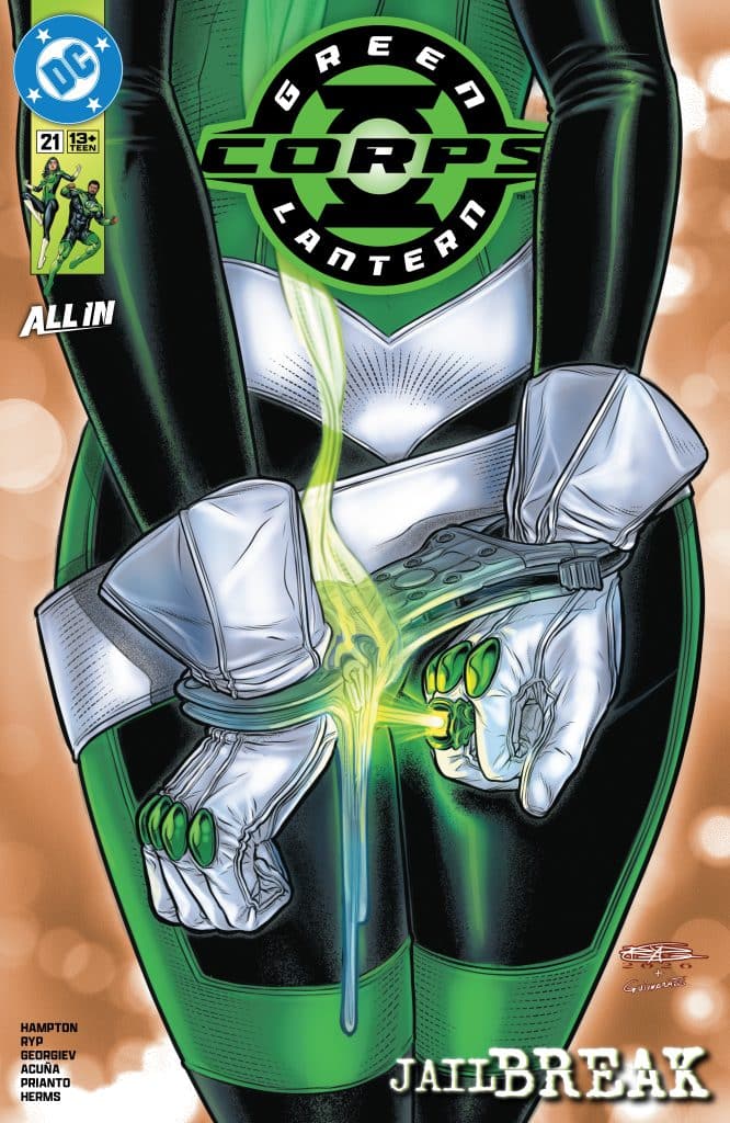 Comic book cover for Green Lantern Corps issue 21 featuring a figure in a green and black suit with gloves, manipulating energy. The title 'JAILBREAK' and logos are prominently displayed.
