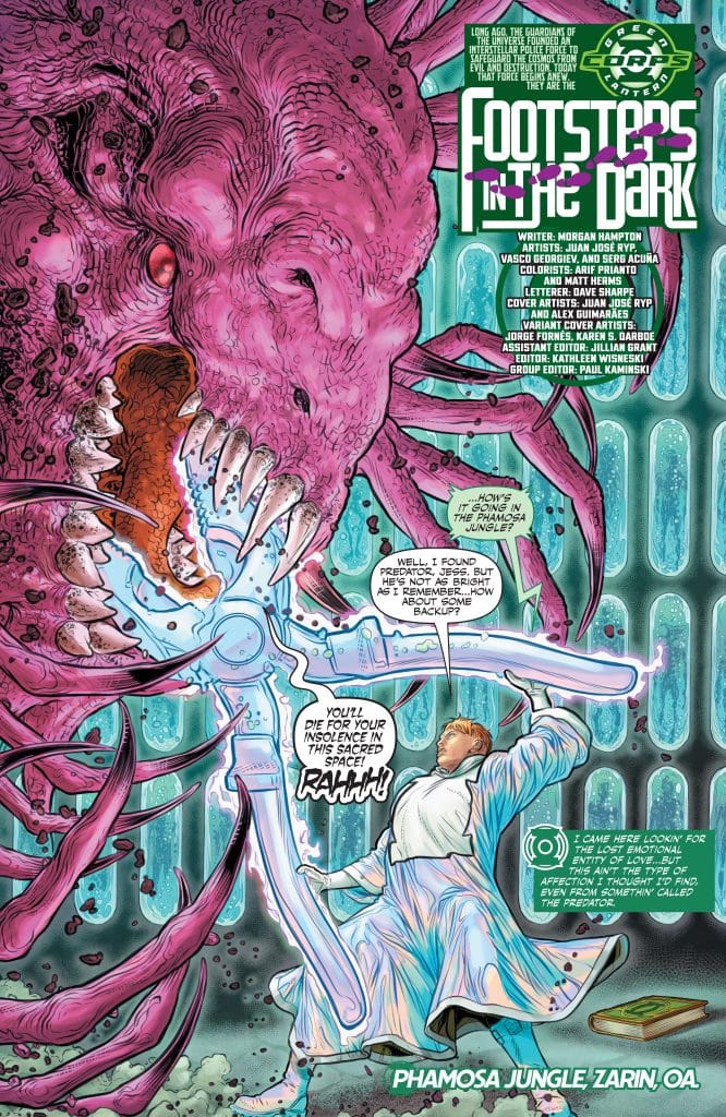 A vibrant comic book cover featuring a large, menacing creature with multiple tentacles and sharp teeth confronting a character in a white robe. The character, looking determined, is preparing to fight the creature as dialogue bubbles highlight their exchange. The background features a futuristic, colorful design with text indicating the title 'Footsteps in the Dark' and credits.
