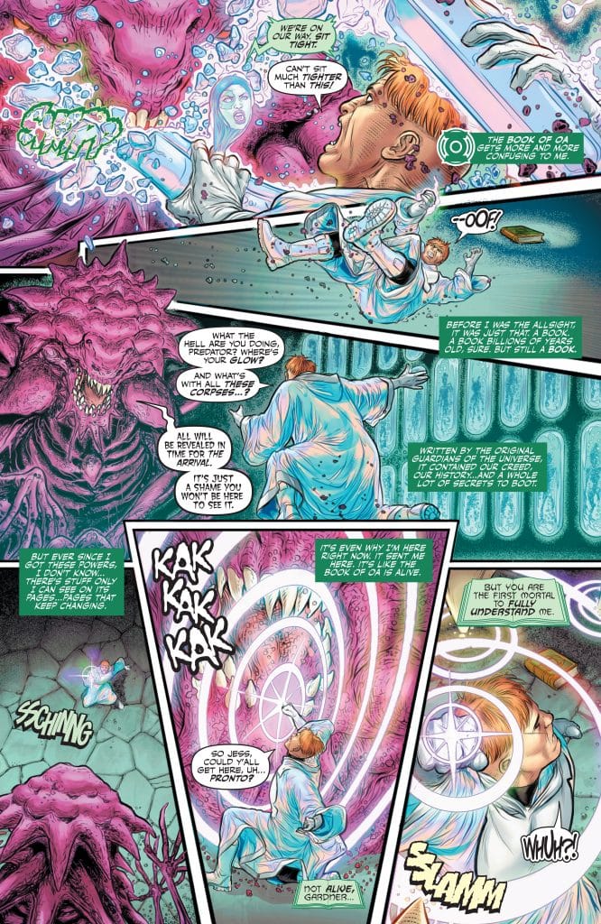 A dynamic comic book panel featuring a confrontation between characters in a surreal setting, with vibrant colors and intricate designs. One character appears confused and concerned, while another gestures affirmatively, surrounded by otherworldly creatures and glowing elements.
