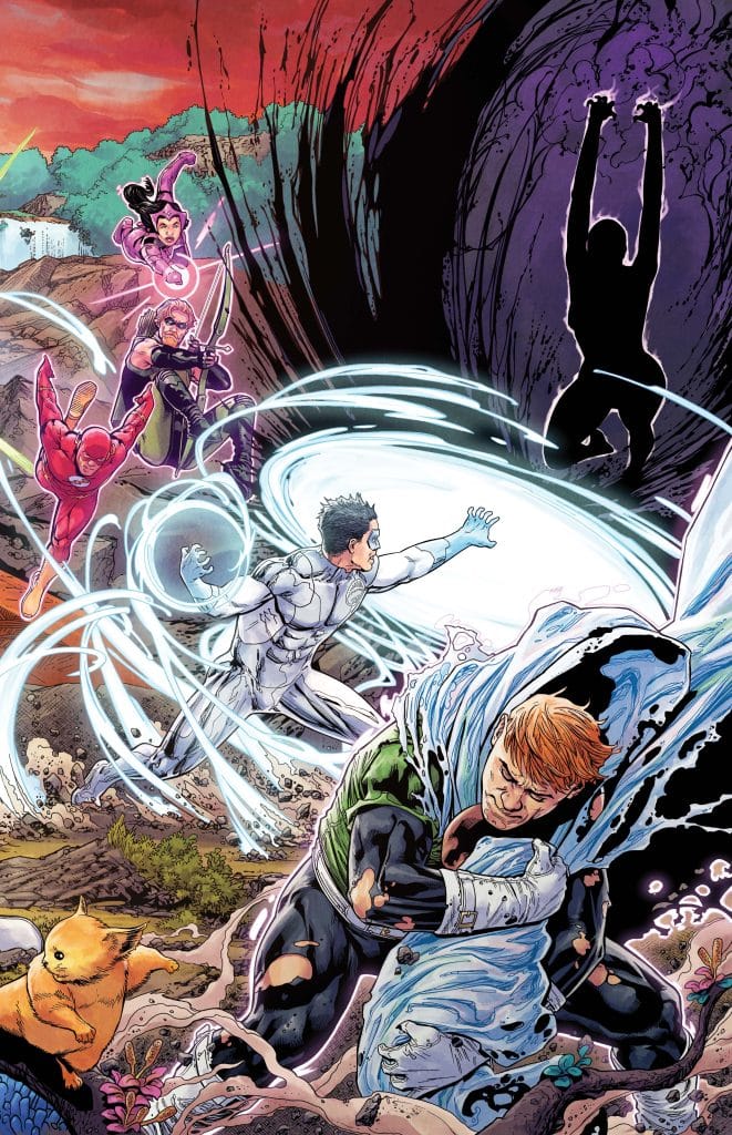 A dynamic comic book scene featuring multiple superheroes in action, including a character in a red costume, a character in a green costume, and others in various vibrant outfits. They are engaged in a battle or chase, with swirling energy and a dark figure in the background. A small, cat-like creature is also present in the foreground, adding a whimsical touch to the intense atmosphere.