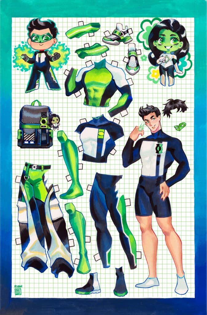 Illustration of a character design sheet featuring various costume pieces and accessories for a superhero, including a hero in a green and black suit, shoes, and a backpack. The design is set against a grid background.