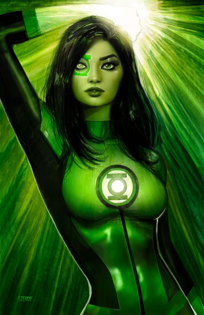 A female superhero dressed in a green and black suit, prominently displaying a Green Lantern emblem on her chest, raising her hand with a glowing green light, set against a vibrant green background.