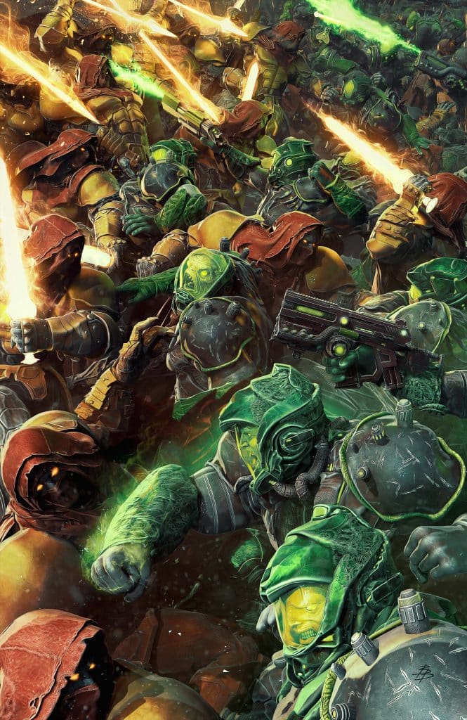 A chaotic battle scene featuring armored warriors wielding glowing weapons, engaged in fierce combat with a dynamic and textured background.