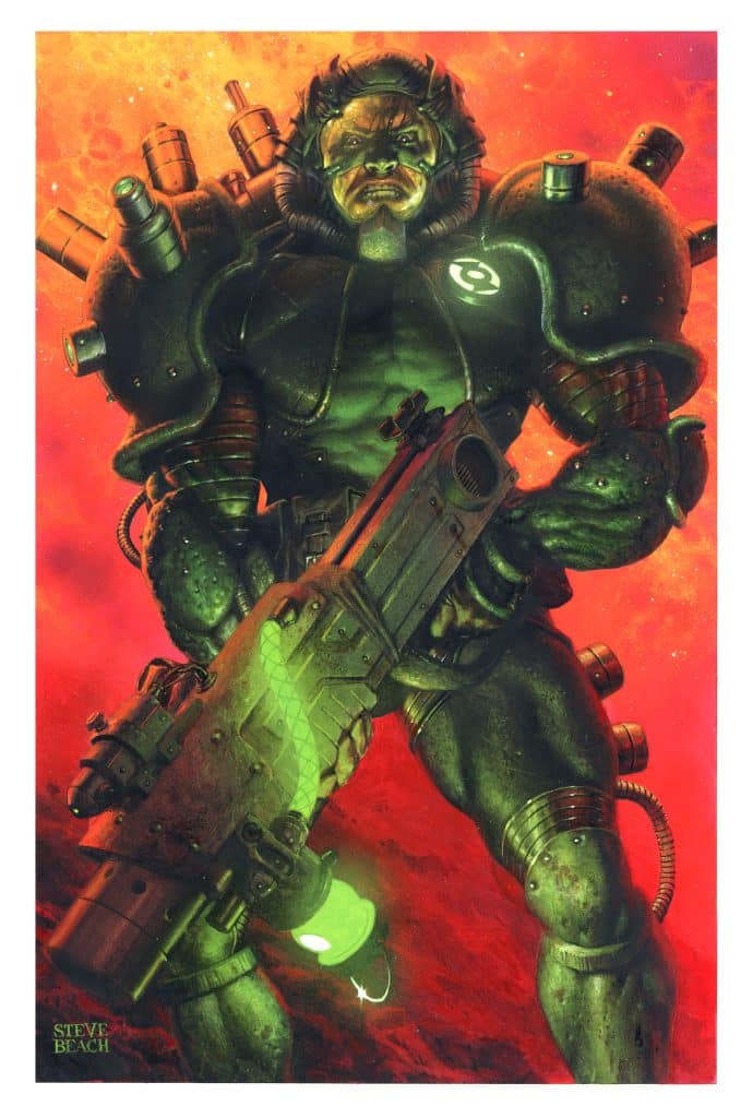 A muscular, armored character holding a futuristic gun, with a glowing green element, set against a vibrant red and orange cosmic background.