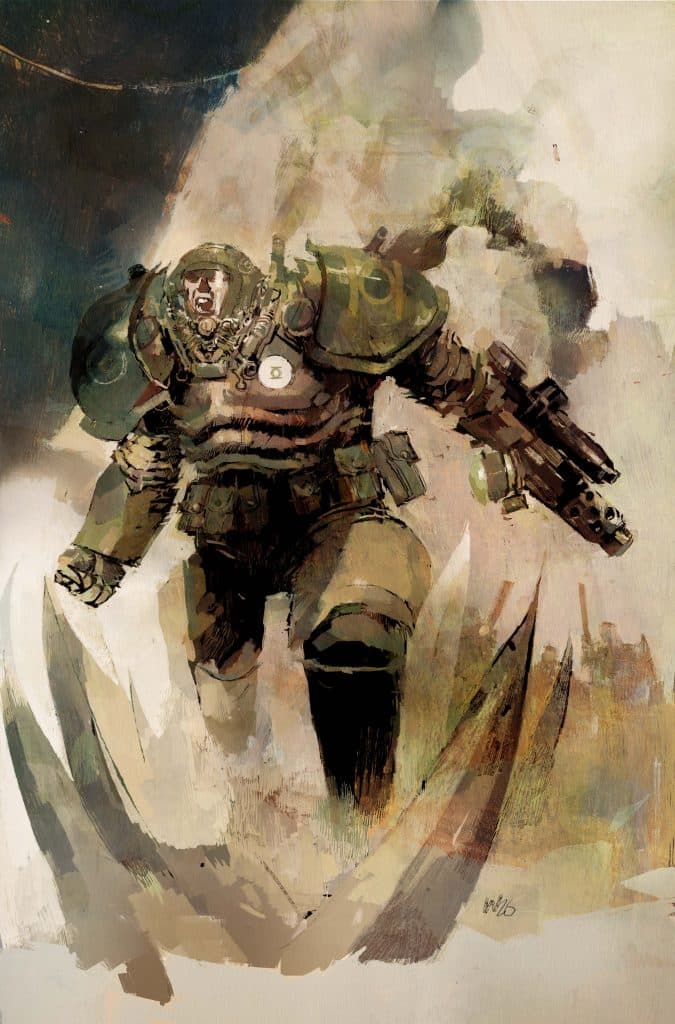 A warrior in heavy armor, armed with a weapon, charging forward amidst a cloud of dust and debris.