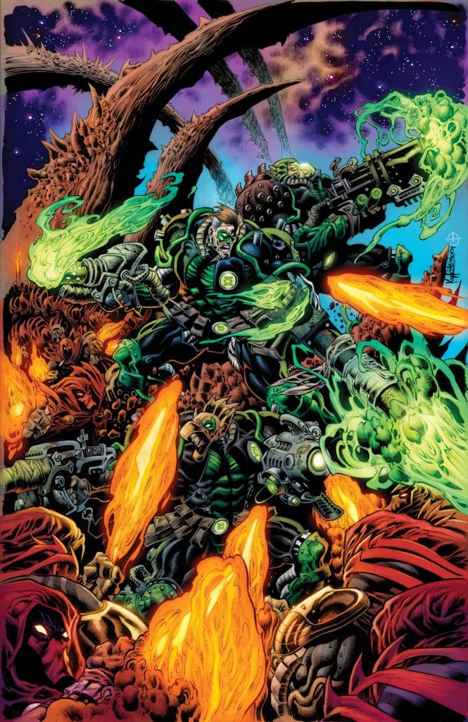 A dynamic comic book illustration featuring characters in green and black armor, wielding energy weapons and surrounded by swirling flames, set against a cosmic background with abstract alien elements.